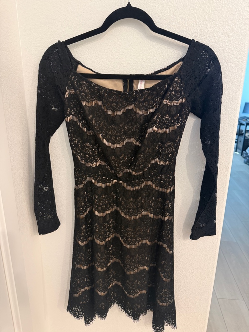 Xhilaration Black Lace Long-Sleeve Dress with Nude Lining